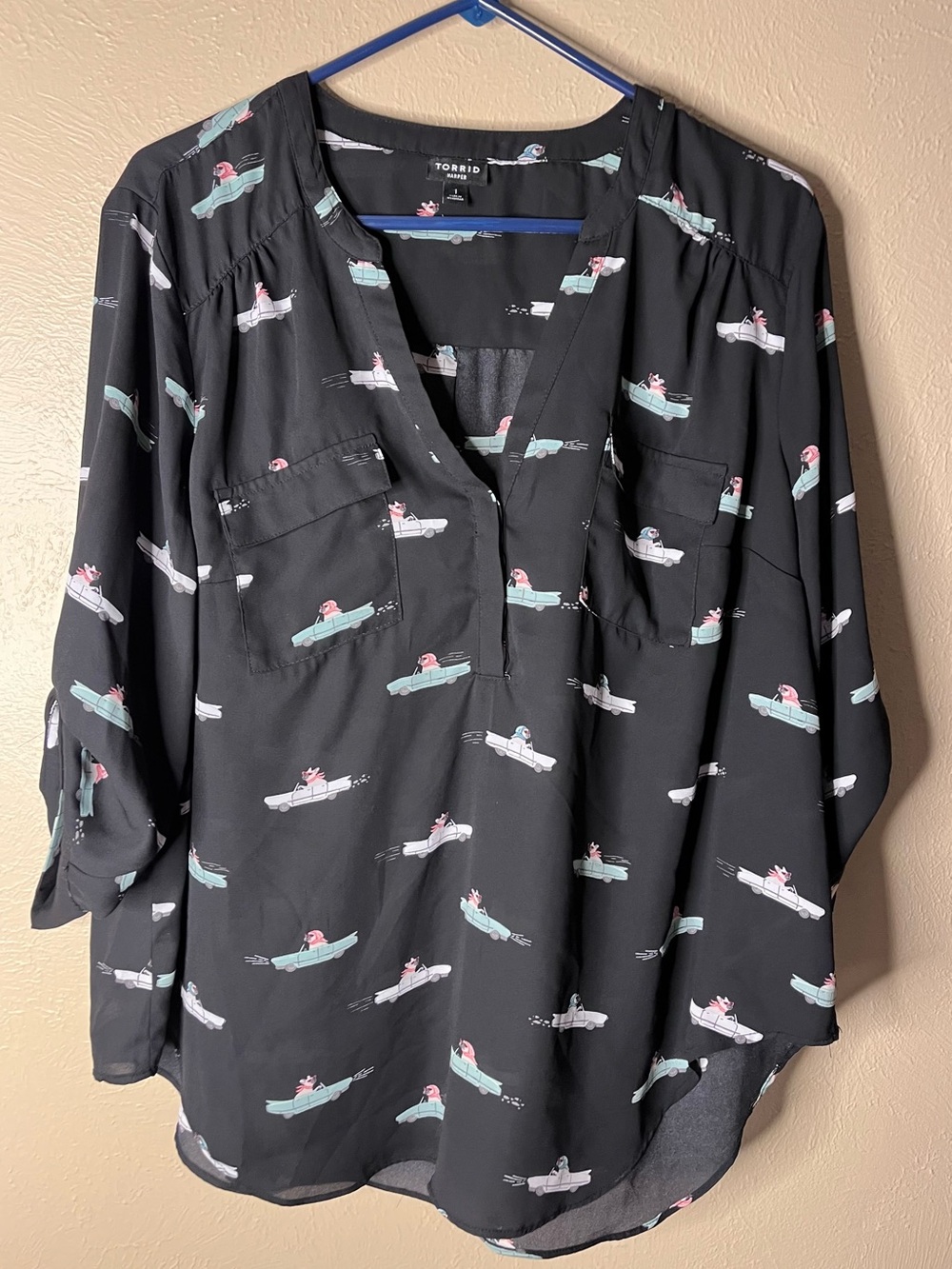 Torrid Black Freeway Frenchie Print Split V-Neck Blouse with Mint & Pink Accents